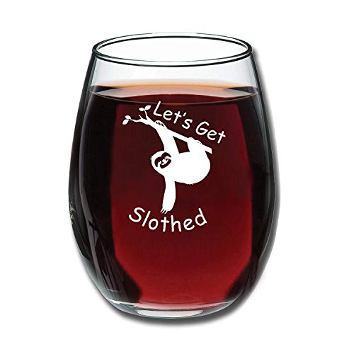 Let's Get Slothed Funny 15 oz Stemless Wine Glass - Unique Sloth...